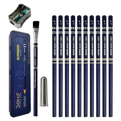 Image of Superio HB Graphite Pencils, Pack of 12, Wooden Lead Pencils Sharpener Safety Cap, Break Resistant Bonded Lead, Write Draw Sketch, iZOFAX Black Ball Pen