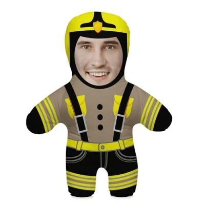 Image of Personalized Funny Photo Gift Pillow Cushion with Filling; Colorful Body your own Face Picture Printed; 45 cm High; Birthday Present Valentine&#039;s Day; Motif Firefighter [091]