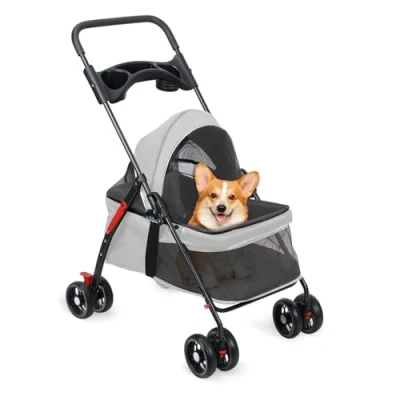 Image of Fiauli Dog Stroller,Outdoor Travel Pet Folding Stroller with Cup Holder,Breathable Visible Mesh Pushchair,4 Wheels Cat for Small Medium Dogs Cats (Grey)