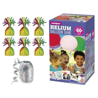 Image of Large helium balloon Canister with 6 Rainbow Multicoloured weights fills upto 50 9 inch latex balloons
