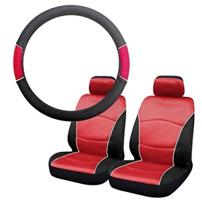 Image of UKB4C Red &amp; Black Steering Wheel Front Seat Cover set for MG ZS All Years