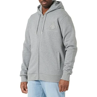 Image of GANT Men&#039;s REG Tonal Shield Full Zip Hoodie Hooded Sweatshirt, Grey Melange, M