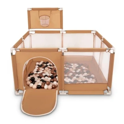 Image of Selonis Square Play Pen Filed with 200 Balls Basketball, Beige:Pastel Beige/Copper/White/Black
