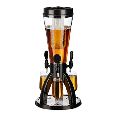 Image of Relaxdays Beer Tower with 3 Taps, 4 litres, Drinks Dispenser Cooler, for Garden, Party Accessory, Transparent/Black