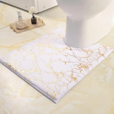 Image of QJHOMO Bath Mat Non Slip Washable with Cut Out White Bathroom Rug Gold Decorative Toilet Luxury Accessories Soft Microfibre Absorbent 50 x 60 cm