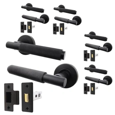 Image of EAI Black Door Handle Latch Set Pack of 5 Round Internal Knurled Handles &amp; (66mm) Matt Lever on Rose Dolton Range
