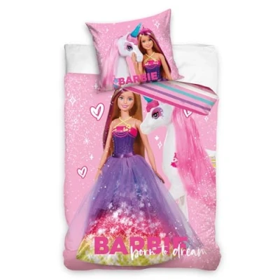 Image of Barbie Unicorn Single Duvet Cover Set with European Size Pillowcase 100% Cotton Bedding Reversible Bed Linen for Kids Pink