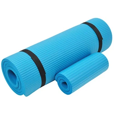 Image of Everyday Essentials 1/2 Inch Extra Thick High Density Anti Tear Exercise Yoga Mat with Knee Pad and Carrying Strap, Blue