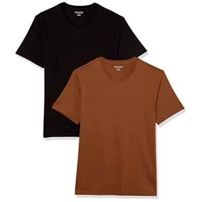 Image of Amazon Essentials Men&#039;s T Shirt Slim Fit Short Sleeved V Neck, Pack of 2, Black/Brown, XXL