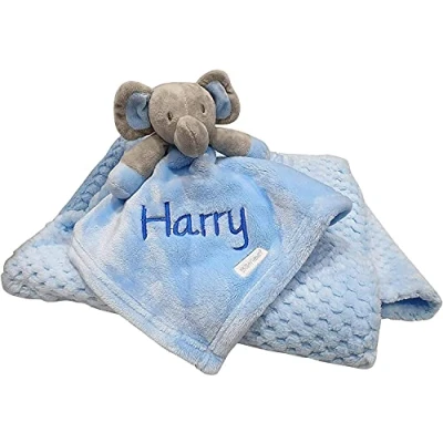 Image of Personalised Baby Gift Sets Embroidered Elephant Comforter &amp; Blanket Boy/Girl Set Shower (Blue Comforter/Blanket)