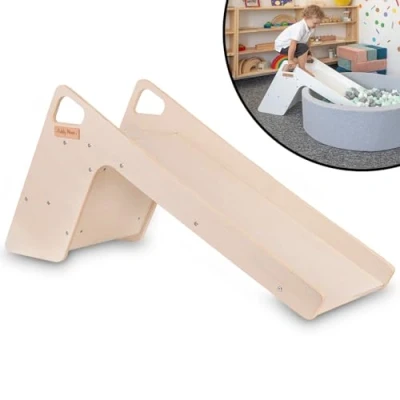 Image of KiddyMoon Wooden Slide For Baby Multifunction Montessori Toddlers Indoor Freestanding 2In1 Chair Children Ball Pit Sturdy Climbing Toy, Large, Natural