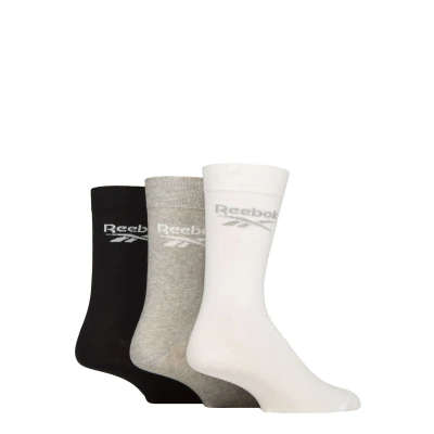 Image of Mens and Women&#039;s 3 Pair Reebok Core Cotton Crew Socks White / Grey Black 6.5 8 UK