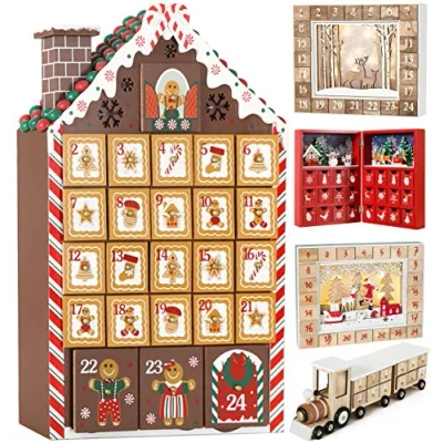 Image of BRUBAKER Reusable Wooden Advent Calendar to Fill Gingerbread House with LED Lighting DIY Christmas 10.31 x 17.72 2.17 inches