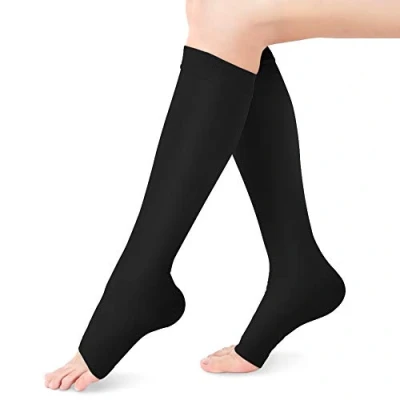 Image of Open Toe Compression Socks for Women Men, 1 Pair Knee High Stockings, Sleeves Varicose Vein Swelling Edema Flight Pregnancy Travel Work