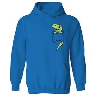 Image of Pocket Dinosaur Dino Cute Character Print Pullover Hoodie Sapphire Blue (XXL)