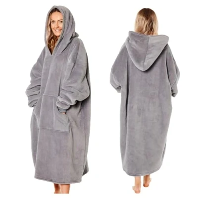 Image of Sienna Extra Long Oversized Blanket Hoodie Wearable Throw with Pockets Sleeves Soft Sherpa Fleece Giant Sweatshirt, Charcoal Grey