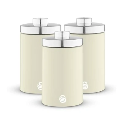 Image of Swan SWKA18530CN Townhouse Set of 3 Kitchen Storage Canisters for Tea, Coffee, and Sugar with Pull Chrome Handles, Airtight Lids, Colour Coated Iron Accents, 1.6L, Cream