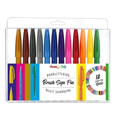 Image of Pentel SES15 12 Brush Sign Pen Basic Assortment, Fibretip Pen, like Tip, Pack of 12, Assorted Colours