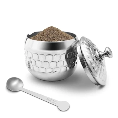 Image of 300 ml Sugar Bowl 304 Stainless Steel Spice Jar Home Metal Tin Kitchen Container with Lid and Spoon for Spices, Sugar, Coffee, Tea, Pepper (Style 4)