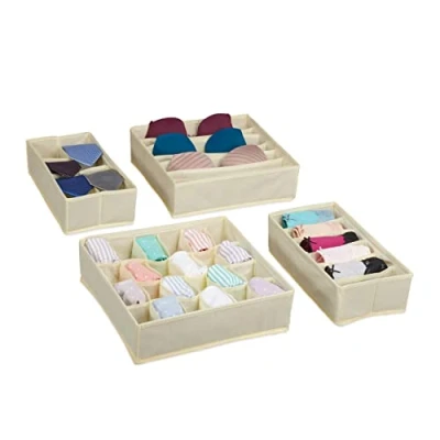 Image of Relaxdays Underwear Set, 4 Piece Wardrobe Organisation, Drawer Dividers for Socks, Bras and Ties, Beige, 9 x 32 cm