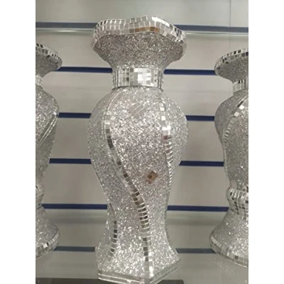 Image of Biznest 30Cm Sparkle Diamond Crushed Crystal Sparkly Silver Mirrored Floor Vase Style 055