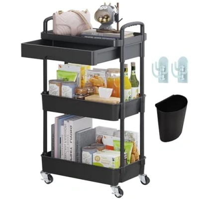 Image of Beauty Trolley on Wheels 3 Tier Storage with Drawer Plastic Rolling utility cart for Home Kitchen Bathroom Laundry Office Black