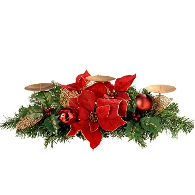 Image of WeRChristmas Decorated Table Centre Piece with 3 Pillar Candle Holder, 52 cm Red/Gold