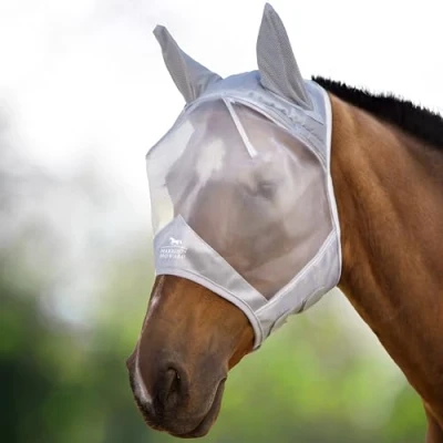 Image of Harrison Howard CareMaster Midge proof Fleece Padding Horse Fly Mask Half Face with Ears Moonlight Silver Small Pony