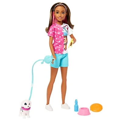 Image of Barbie Toys, Skipper Doll and Dog Walker Playset with Puppy 5 Accessories, First Jobs, HKD77