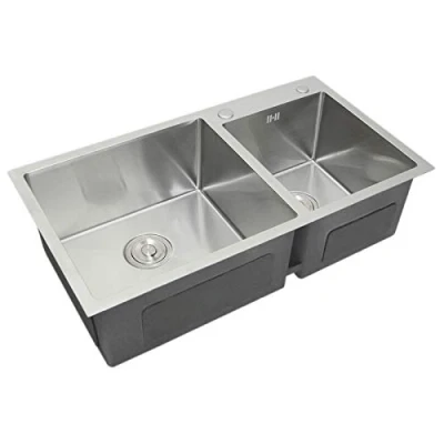 Image of Stainless Steel Kitchen Sink Double Bowl Satin Finish Square Premium Handmade with Strainer Plug &amp; Waste Pipe Set