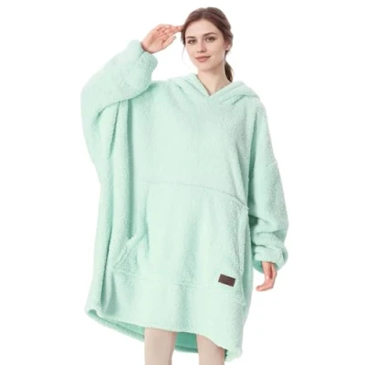 Image of Catalonia Classy Wearable Oversized Hoodie Blanket, Snuggle Sherpa Blanket Hoodie, Warm Throw Sweatshirt with Sleeves for Winter, Gifts Mum Women Men Adults Teens, Aqua