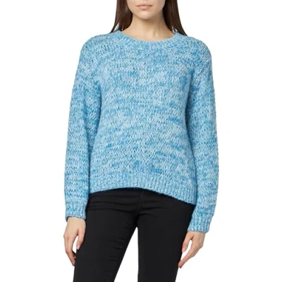Image of Bestseller A/S Women&#039;s Pcnomana LS O Neck Knit Bc Sweater, French Blue/Pattern: Cloud Dancer + Navy Blue, XL