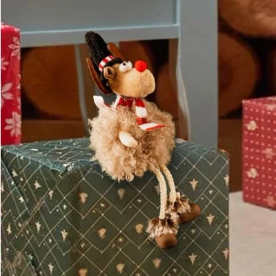 Image of Marco Paul christmas Plush Reindeer ornaments Festive 23cm tall Sitting Figurine indoor Novelty xmas decorations for table decorations, (Reindeer Black Hat)