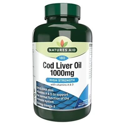 Image of Natures Aid Cod Liver Oil, 1000 mg, 180 Softgel Capsules (High Strength, 254 mg Omega 3 with Vitamins A and D for Normal Function of the Immune System, Made in UK)