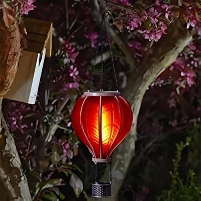Image of Garden mile Balloon Fiesta Realistic Flaming Effect Solar Powered Hot Air Hanging Lantern Colourful Metal Light for Outdoor Indoor Use Novelty Patio Lighting (Red)
