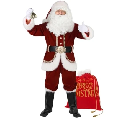 Image of Ahititi Santa Claus Costume for Men Deluxe Professional Suit Adults 11pcs Red Mens Outfit Christmas Clause Suits Adult M
