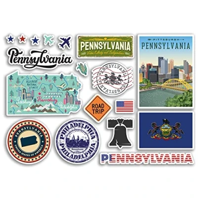 Image of A5 Sticker Sheet Pennsylvania Landmarks Vinyl Stickers America States USA American Airport Stamps Skyline Flag Map Travel Holiday Scrapbooking City Luggage #79159