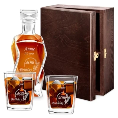 Image of Maverton Classic Curve Whiskey Decanter Set of 2 Glasses You can Personalise Tumblers as Gift 700 ml Universal Carafe Monogram Congratulations