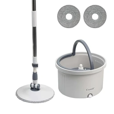 Image of Crystals Spin Mop and Bucket Set for Floor Cleaning Compact System with 360 Rotating Head, 2 Refill Microfibre Pads, Squeeze Wringer Washing Dry (Round &amp; Pads)