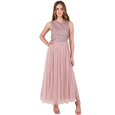 Image of Maya Deluxe Women&#039;s Midaxi Dress Ladies Sleeveless Sequins High Empire Waist Tulle Embellished for Wedding Guest Ball Bridesmaid, Frosted Pink, 6