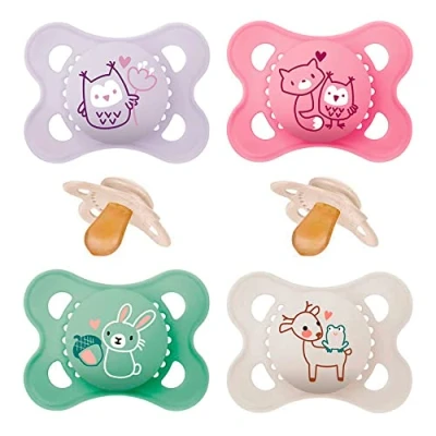 Image of Mam natural rubber latex dummy, ages 0 6 months, set of 4, including 2 sterilised transport boxes