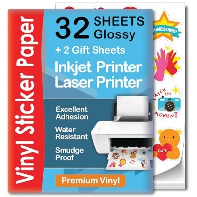 Image of Premium Printable Vinyl Sticker Paper 32 Sheets Glossy A4 Waterproof Laser &amp; Inkjet for Cricut