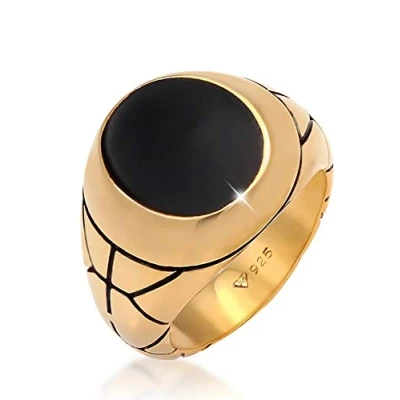 Image of Kuzzoi 0607822220 Men&#039;s Signet Ring Oval Black Enamel Solid (13 mm) in Gold Plated 925 Sterling Silver Golden Oxidised for Men Size 54 66,