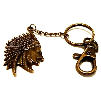 Image of Silver Knight Bronze Tone Indian Native American Apache Line Dancing Keychain Bag Charm Keyring Plains Drifter Cowboys &amp; Indians Western Fan Head, Head 55mm x 30mm