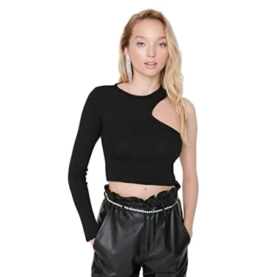 Image of Trendyol Women Glam Regular Bodycon Asymmetrical Collar Knitwear Blouse Black