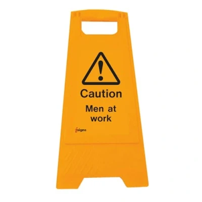 Image of Warning Signs Caution men at work (free standing floor sign) Yellow Polypropylene