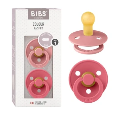 Image of BIBS Colour Soother 2 Pack, BPA Free Dummy Pacifier, Round Nipple. Natural Rubber Latex, Made in Denmark, Size 1 (0 6 Months), Dusty Pink/Cora