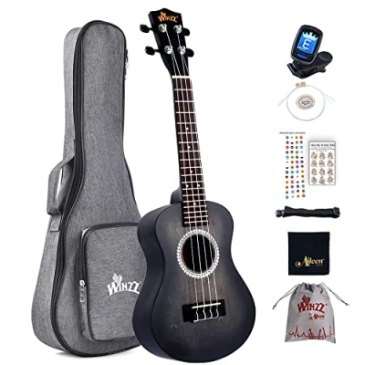 Image of Winzz Ukulele Concert 23 Inches Black, Beginner Kit for Adults and Children, Unique Color Design