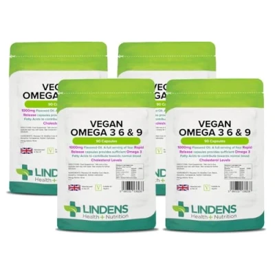 Image of Lindens Vegan Omega 3, 6 &amp; 9 360 Capsules UK Made Flaxseed 1000mg Softgel Rapid Release (90 Pack x4) Letterbox Friendly
