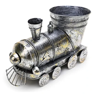 Image of Christmas Concepts® 20cm (8&#039;&#039;) Silver &amp; Gold Metal Santa Train Garden Sculpture Plant Pot Indoor/Outdoor Decoration